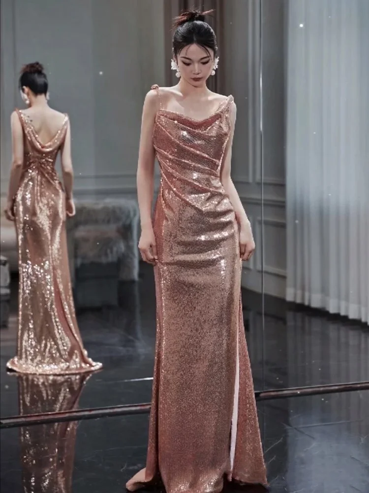 

New champagne gold light luxury style banquet host halter fishtail art examination dress