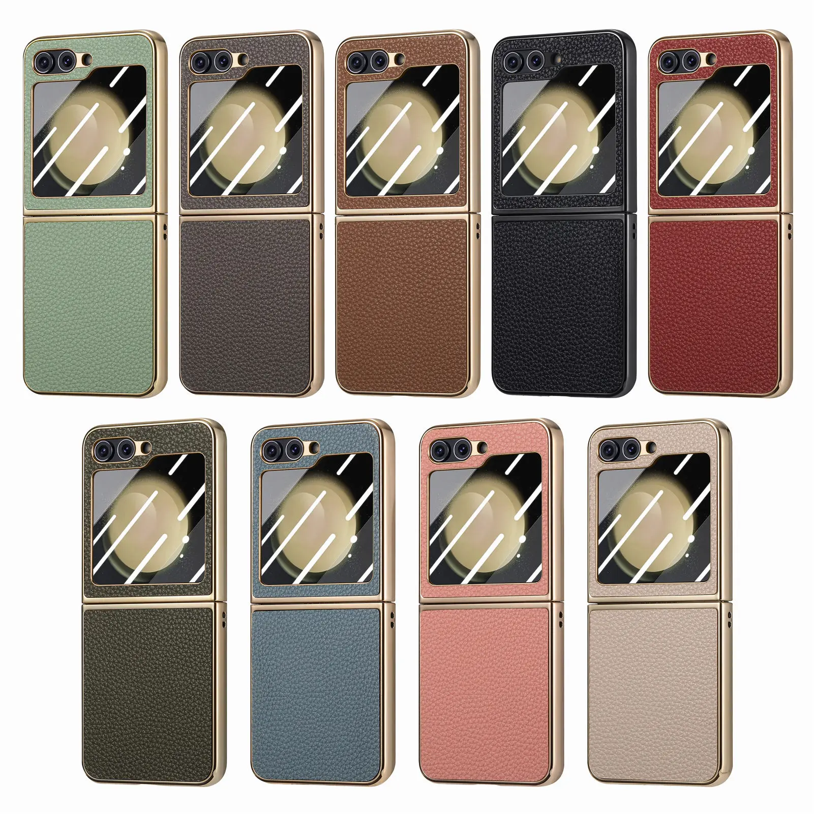 Lychee Pattern Plated Phone Case For Samsung Galaxy Z Flip 5 4 With Screen Protector Shockproof Pu Leather Cover