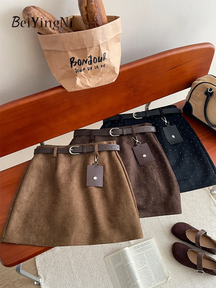 Beiyingni Autumn Winter Casual Skirts Women Vintage Stylish Velvet High Waist A-line Skirt Female Plain Slim Streetwear Skirts