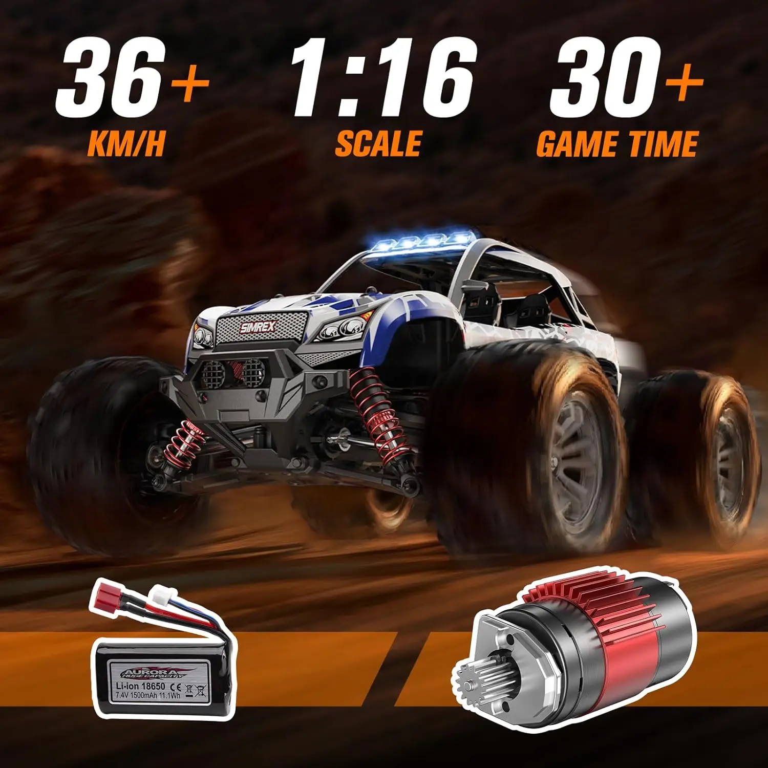 1/16 Scale Hobby Grade 4WD Remote Control Monster Truck, 36 KPH High Speed Electric RC Car, All Terrain Off-Road 4x4 Vehicle with 2.4 GHz Radio for Kids & Adults Outdoor Play