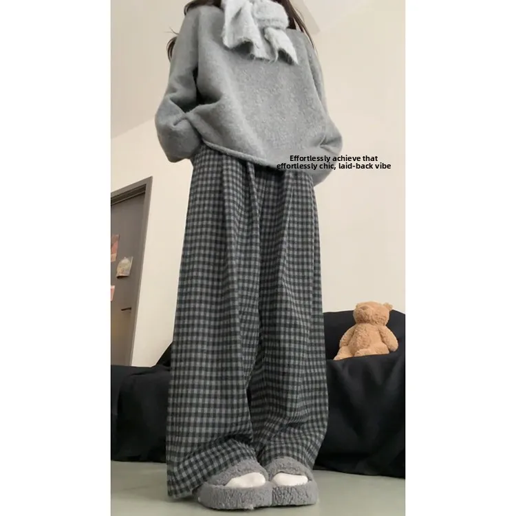 Retro Lazy Sle Wide Leg Pants Women's Autumn Winter Thiened High Waist Casual Woolen Plaid Pants Korean Sle Straight Leg