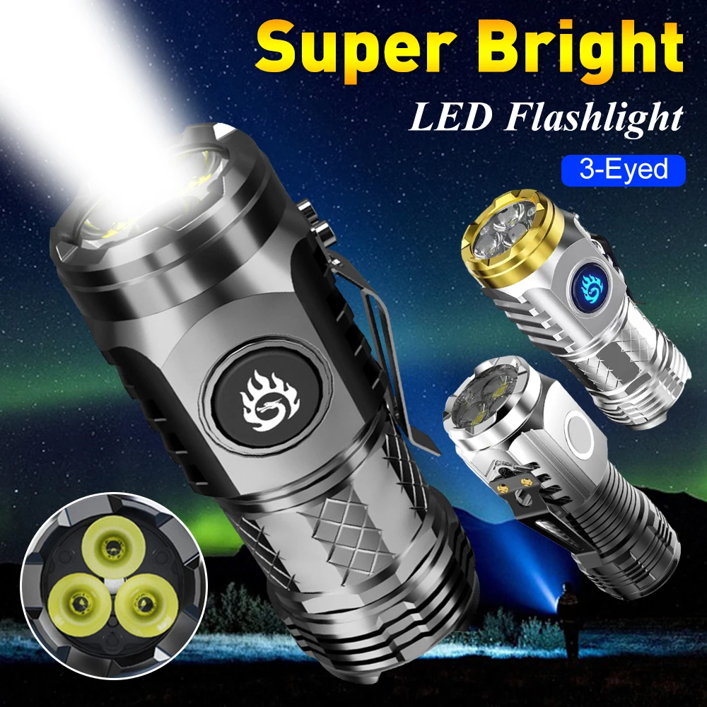 High Power LED Flashlight 3-Eyed Mini Flashlight USB Rechargeable Clip-on Torch Light Outdoor Emergency Work Lights for Hiking