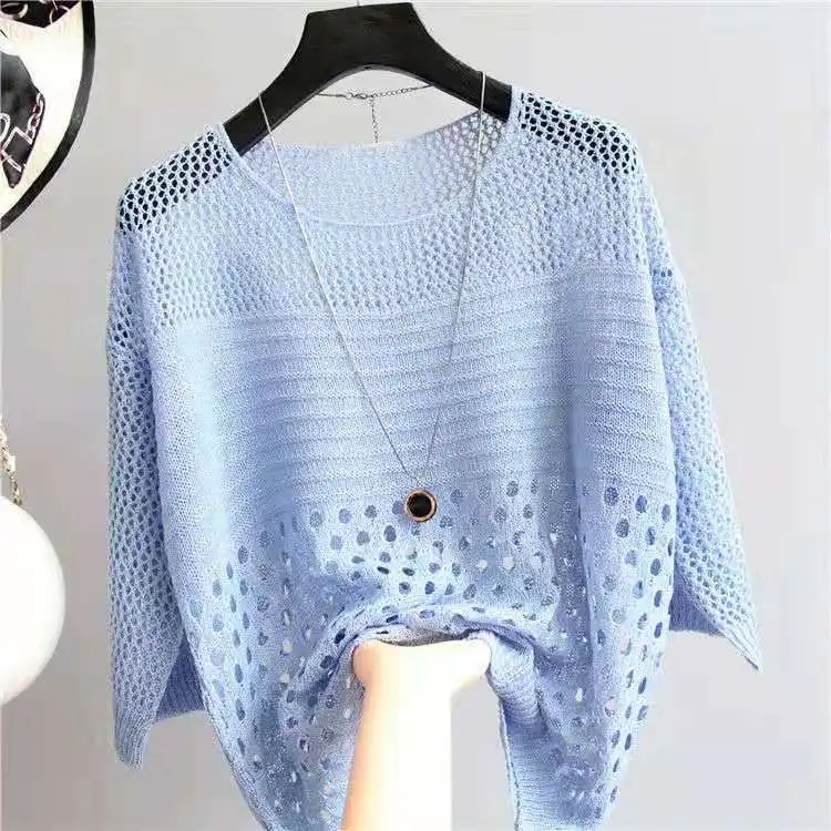 Spring and summer female Crochet round neck bat sleeve sweater jacket strand empty sun protection clothing pullover G27