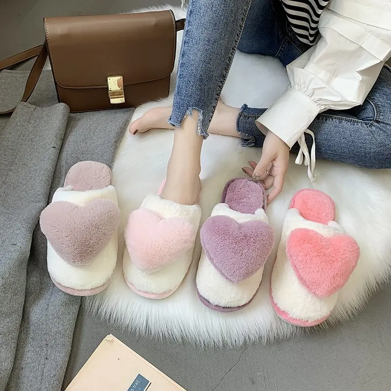 

Women Winter Slippers Faux Fur Keep Warm Women's Shoes Sexy Ladies Shoes Female Heart Shaped Cover Round Toe Furry Hairy Slides