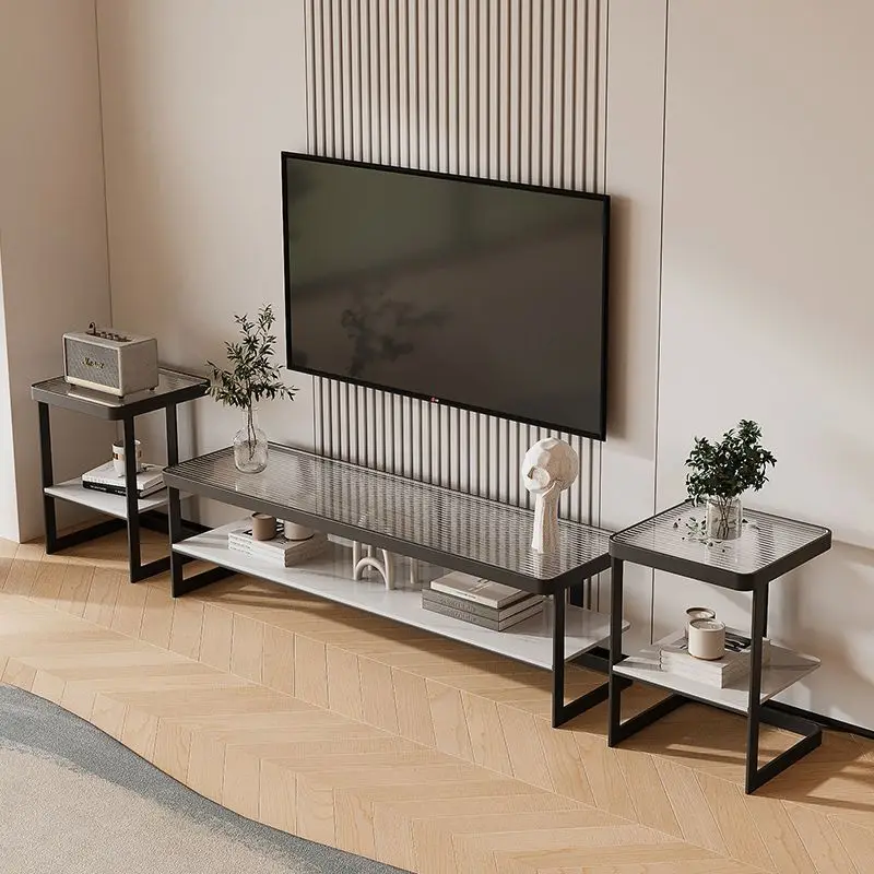 

Wrought iron TV cabinet Floor cabinet Household tempered glass cream wind small apartment coffee table set Living room TV cabine