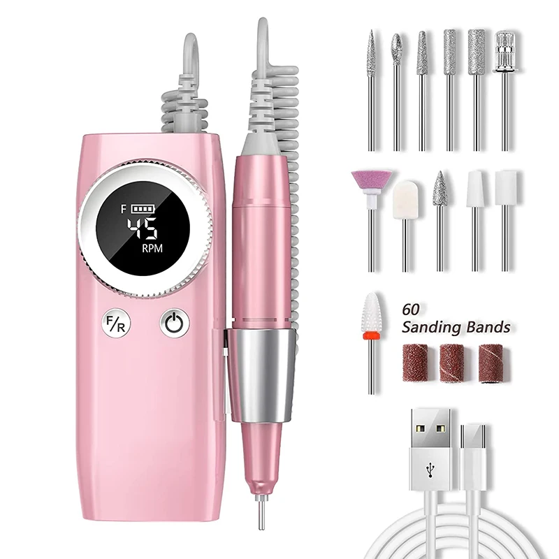 Electric Nail Drill, Electric Nail File for Acrylic Gel Dip Powder Nails, professional Cordless Manicure and Pedicure Kit