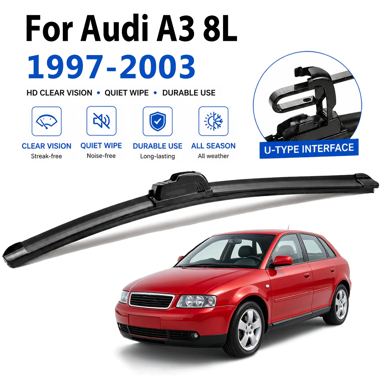 Durable Quiet Black Wiper Blades For Audi A3 8L 1997-2003 Premium-Rubber, Quick Install Scratch Proof High Quality Long Life