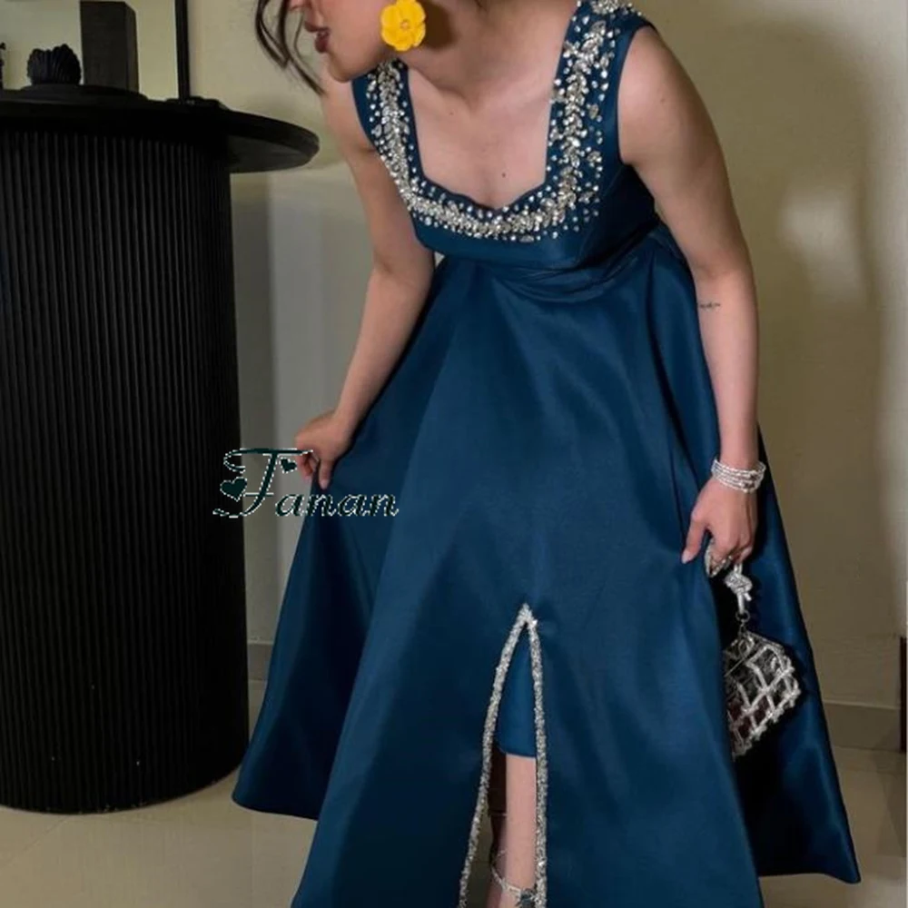 CUstomized Square Collar Crystal SLeeveless A-line Evening Dress low Split Sexy Backless Draped Ankle Length Paegant Gowns image 3