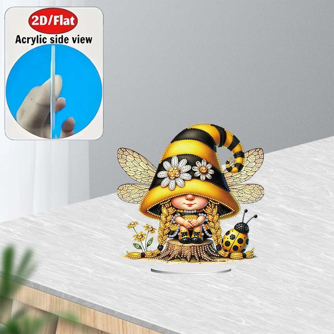 2D / Flat 1pc Gnome Bee Whisper Acrylic Welcome Plaque Diamond Painting Desktop Ornament Set, Shiny Wall Decor, Holiday Gift