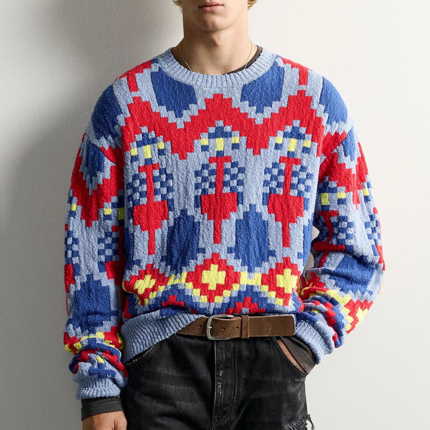 Loose Knitted Geometric Pattern Men's Shirt Individual Style Autumn Fashion Matching Casual Long Sleeve round Neck Top