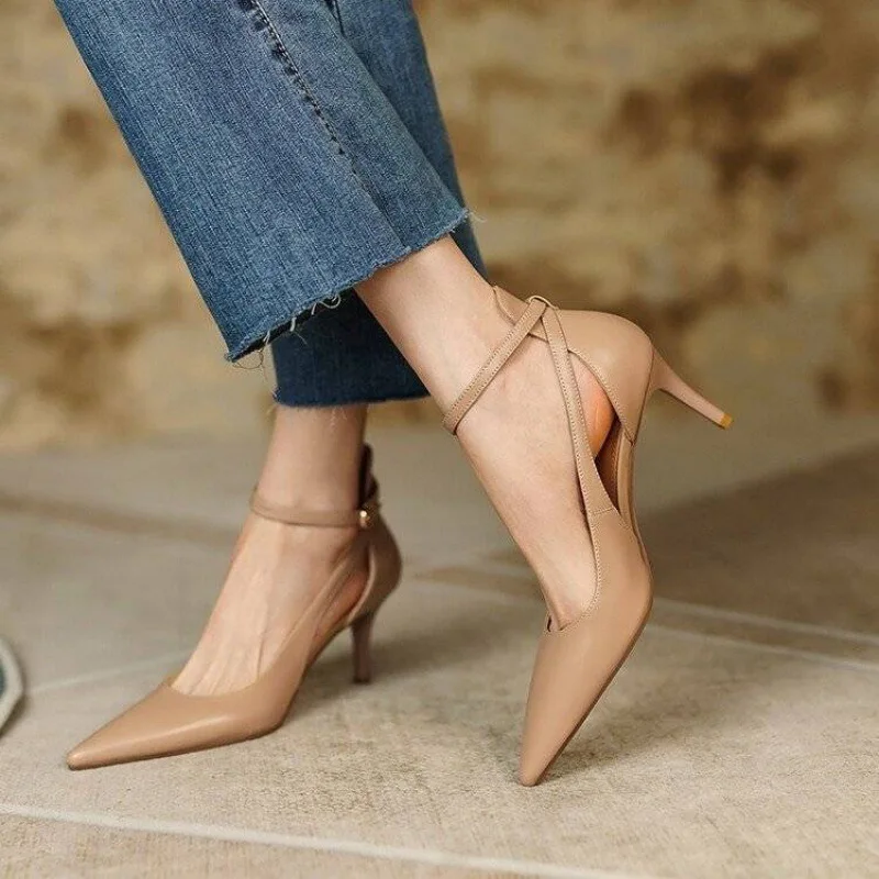 Heels Women 2023 Spring Solid Colors Pointed Medium Heels Fashion Elegant  Casual Shoes Party Sandals Pumps Talon Zapatos