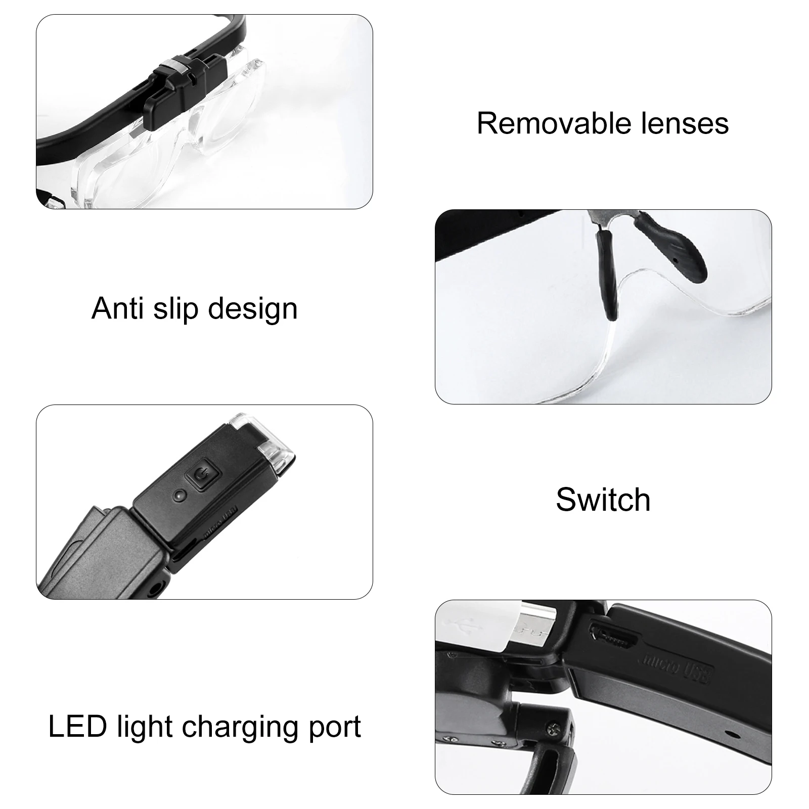 Lenti d'ingrandimento montate sulla testa con luce a LED per la lettura dell'orologiaio riparazione lente d'ingrandimento ricaricabile USB 1.5X 2.5X 3.5X 5.0X