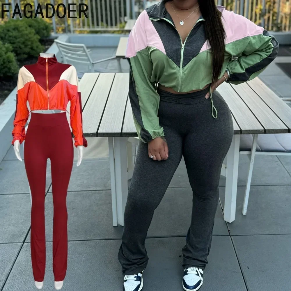 FAGADOER Color Block Street 2-częściowy zestaw Outfit Casual Zip Drawstring Crop Top + High Waist Flare Pants Suit Autumn New Activwear
