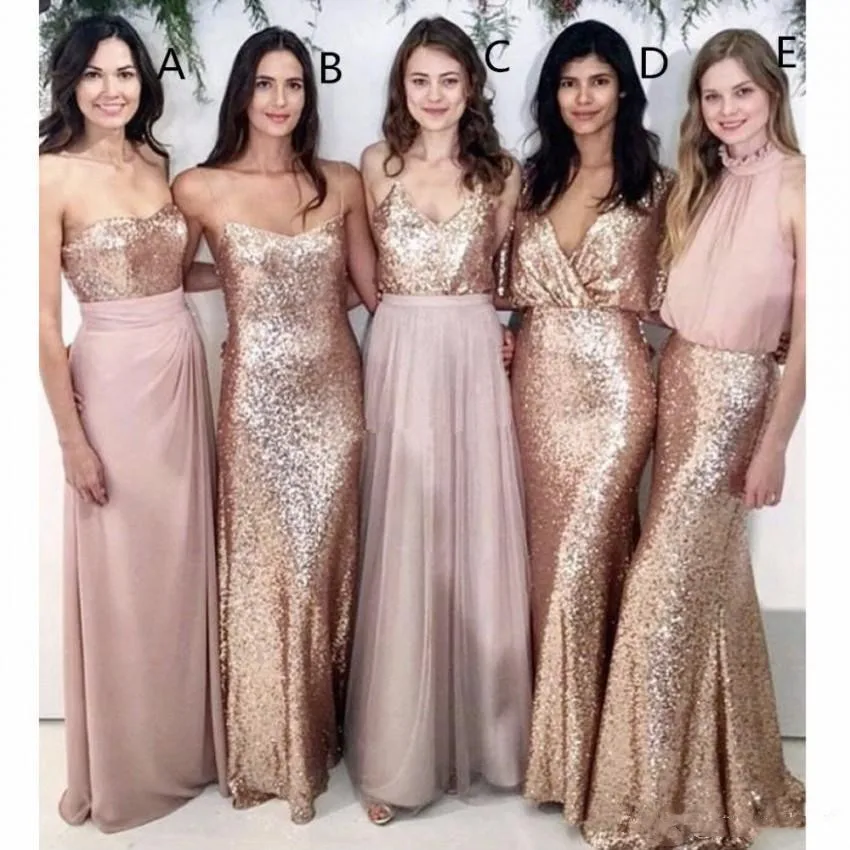 

Blush Pink Bridesmaid Dresses Beach Wedding with Rose Gold Sequin Mismatched Wedding Maid of Honor Gowns Women