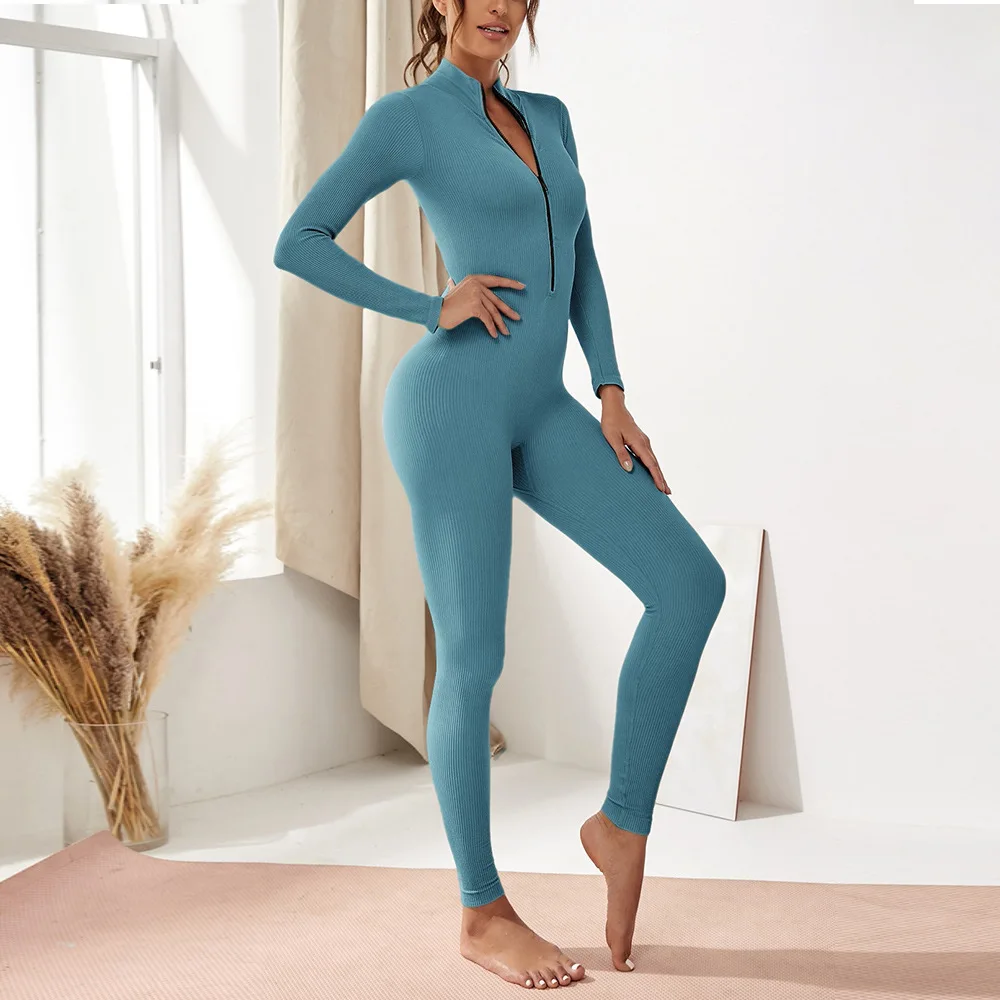 

New Professional Zipper Long One-piece Yoga Jumpsuit with Chest and Sleeves Women Exercise Fitness Sports Tight Fitting Yoga Set