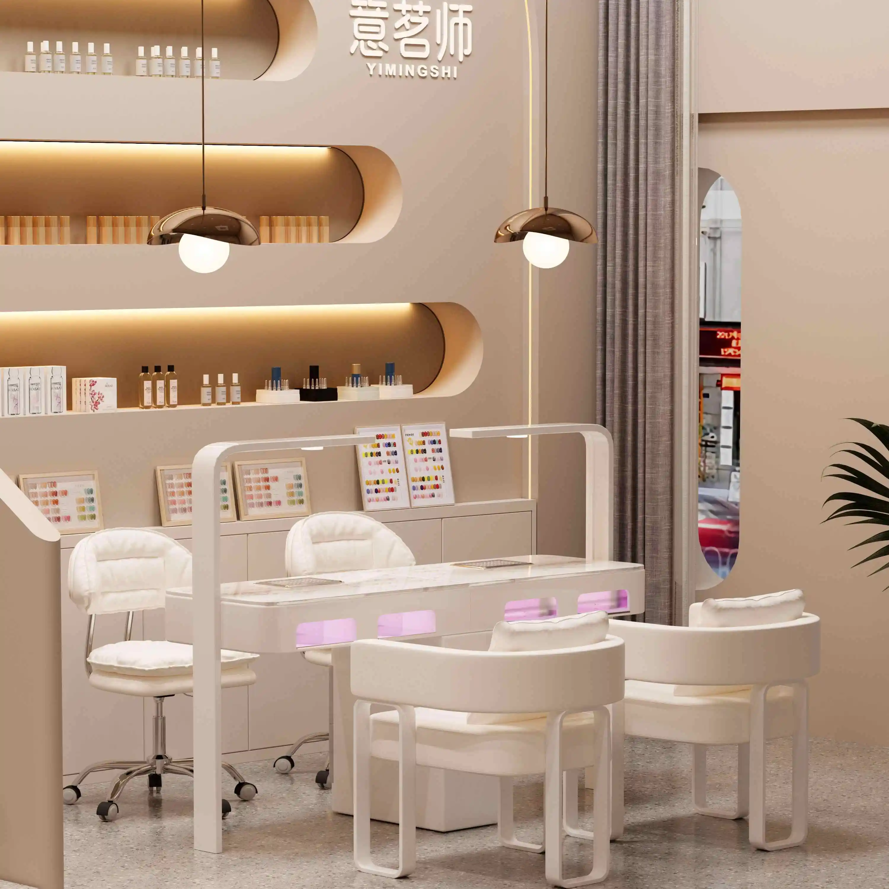 Modern Cream Manicure Table Chair Set High Power Vacuum Cleaner Red Light Baking Lamp Nail Table