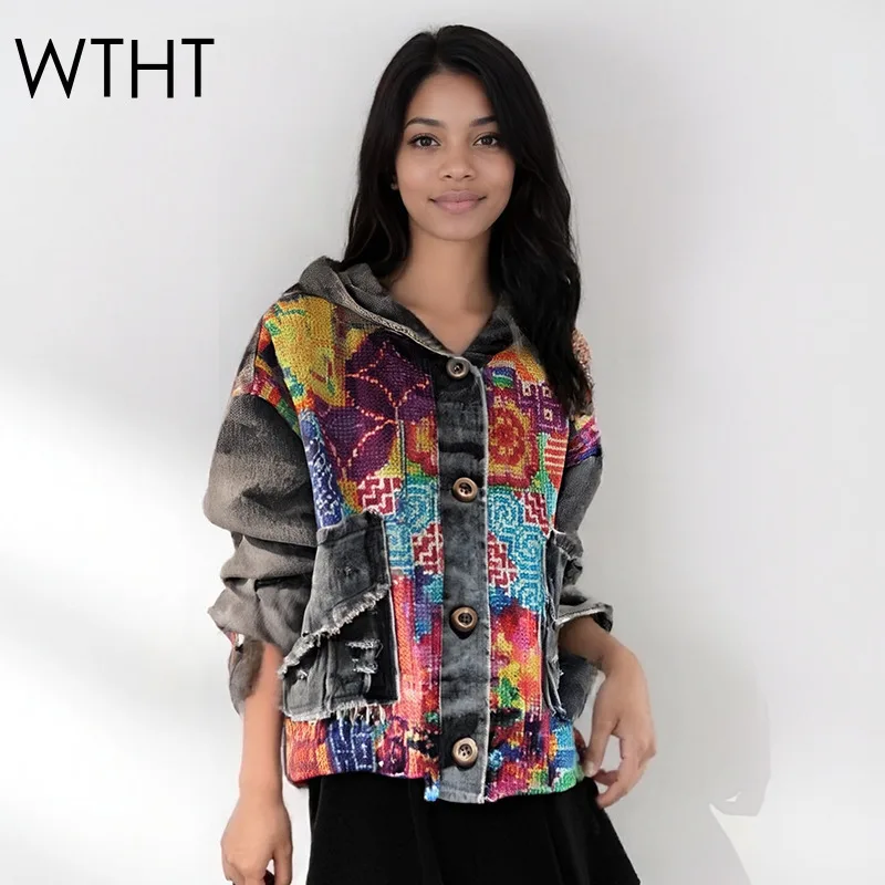 

WTHT Fashion Irregular Contrast Color Knit Print Hooded Denim Jacket For Women 2025 Autumn Long Sleeves Coat Female 1LS2273
