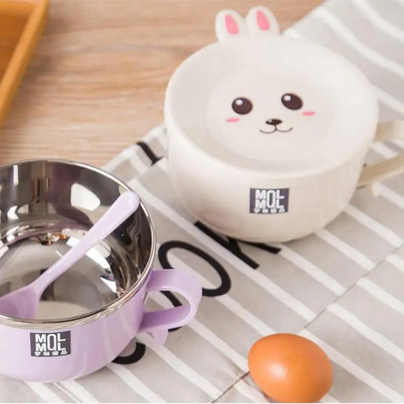 Stainless Steel Double-layer Ramen Noodles Bowl Anti-scalding Instant Noodle Bowl Cute Bunny With Lid And Spoon Tableware