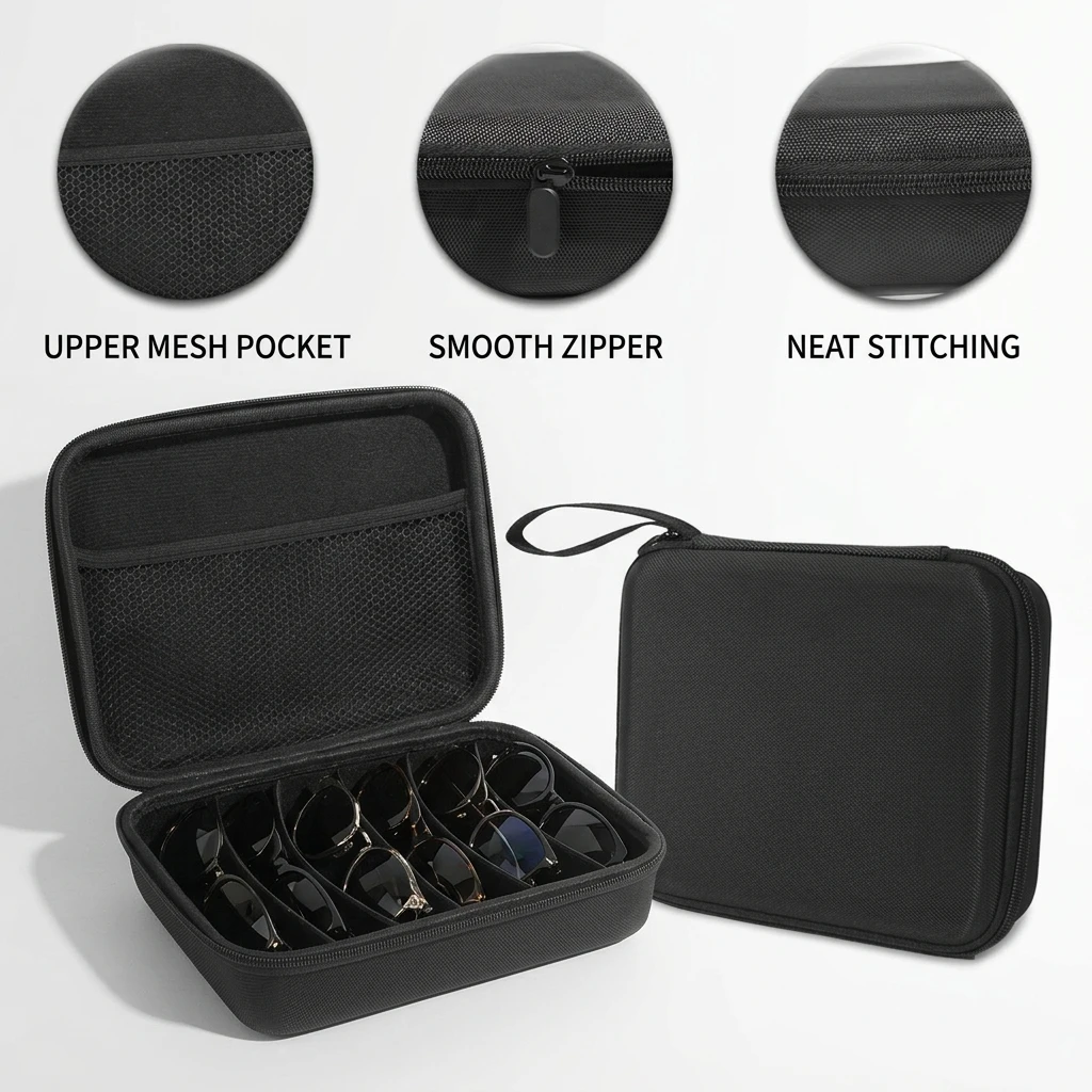 EVA Hard-Shell Eyeglasses Storage Case, 6 or 7 Compartment Portable Handheld Organizer with Soft-Lining, Protective Carrying Box