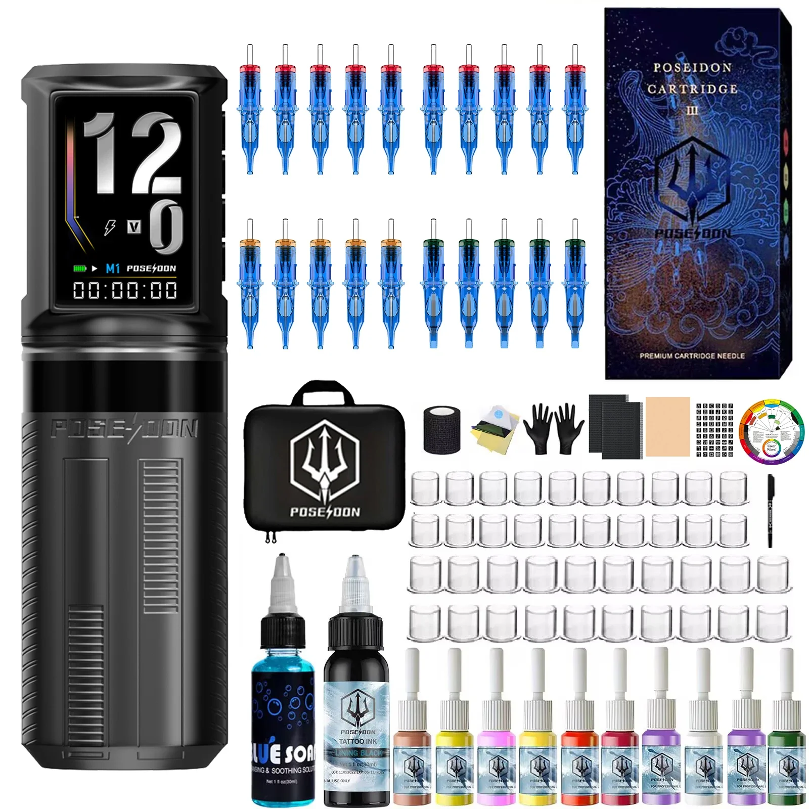 Tattoo Kit POSEIDON Wireless Tattoo Pen Kit Für Permanent Make-Up Tattoo Maschine Kit Neue Professionelle HM163 Tattoo Gun Kit