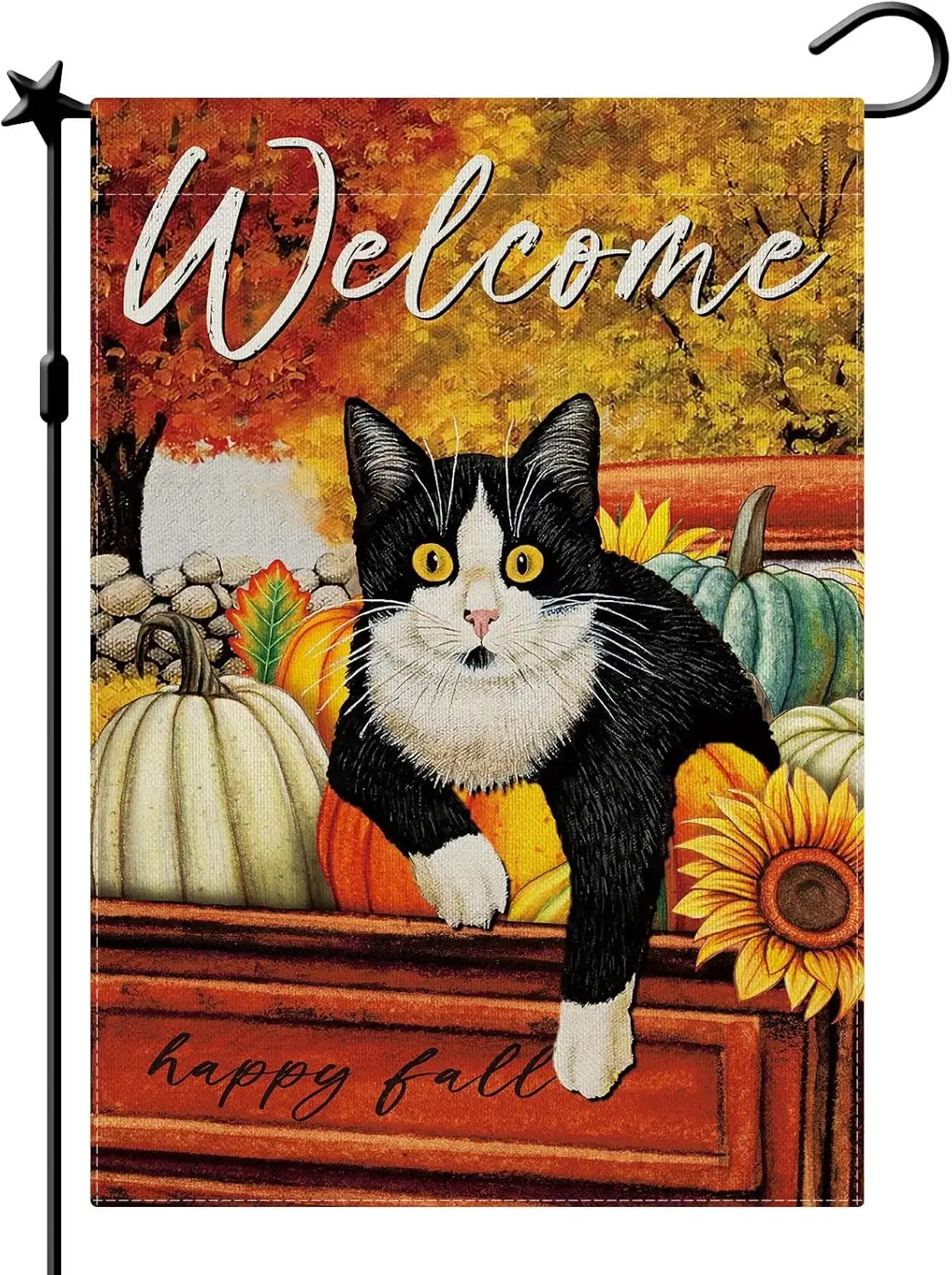 Fall Cat Garden Flag Cat Autumn Thanksgiving Garden Flag Hello Fall Yard Flag, Fall Flag for Garden Double Sided Burlap Seas uui