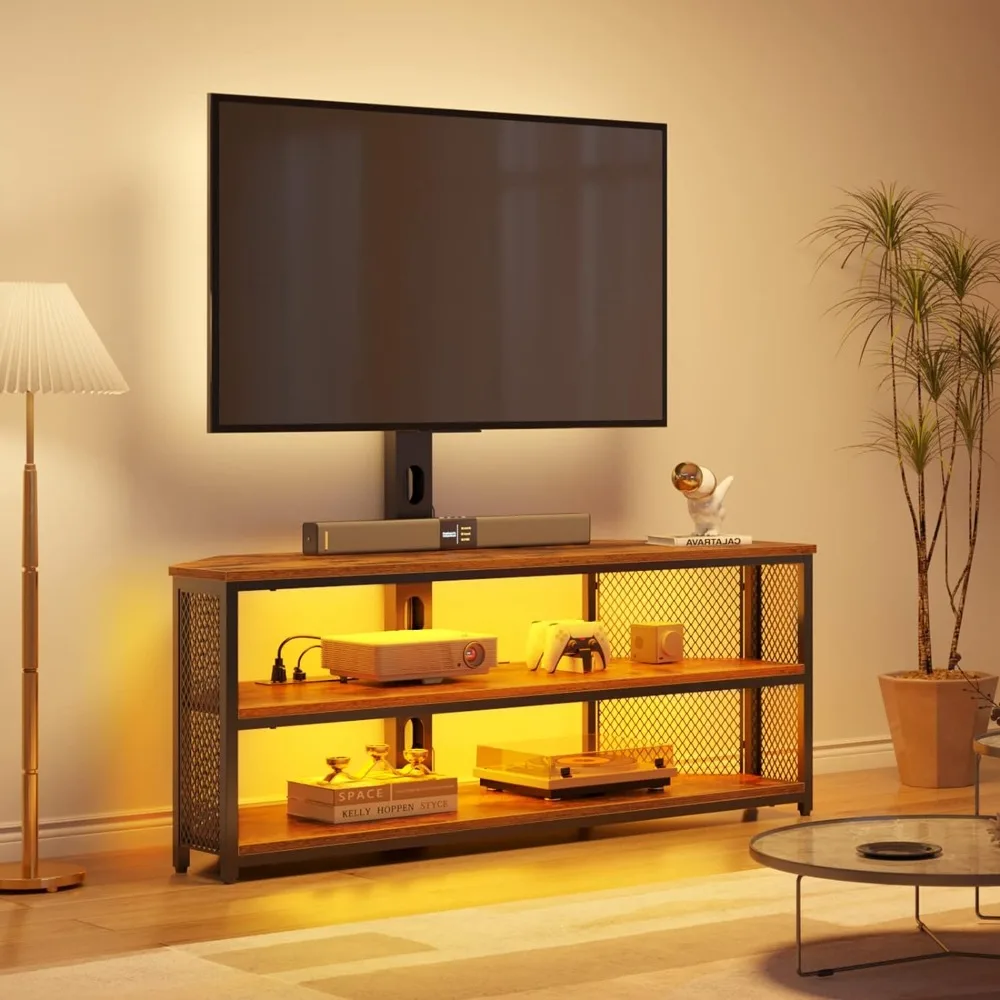 Rolanstar TV Stand with Mount and Power Outlet, Swivel TV Stand Mount with LED Lights for 32/45/55/60/65/70 inch TVs