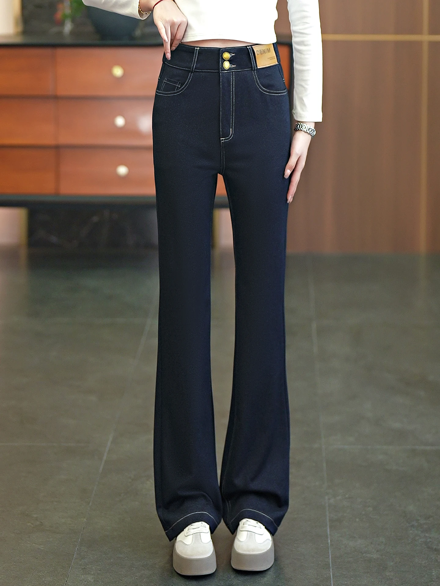 

High Waist Slimming Denim Blue Knitted Flared Pants Women's Spring Autumn New Style Elastic Casual Jeans High Waist Flared Pants