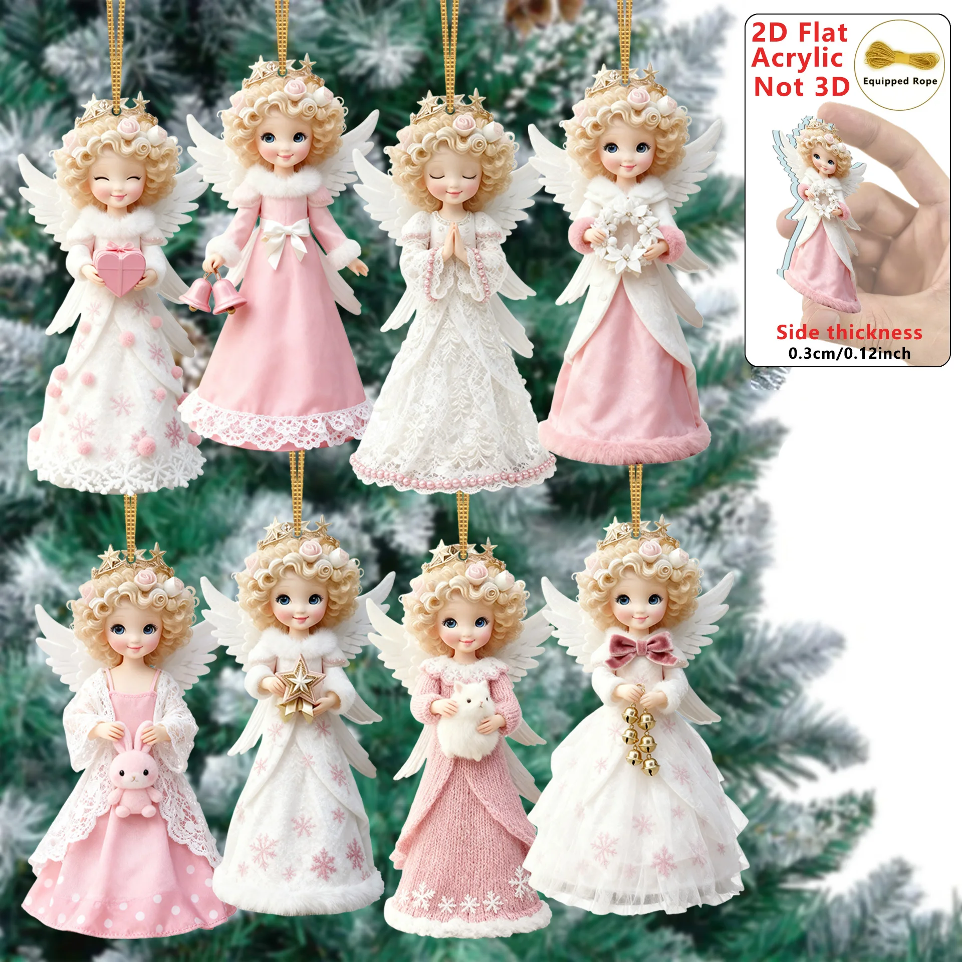 2D شقة 8 قطع عيد الميلاد الملاك الحارس الاكريليك سحر الملاك فتاة قلادة ديكور المنزل الطرف شجرة عيد الميلاد محاكاة قلادة
