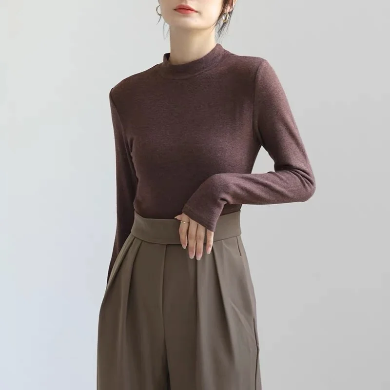 Korean Style Women  Dralon Mock Neck Long Sleeve Top Slim Fit Solid Color Elastic Warm Autumn Winter Base Layer Bottoming Shirts