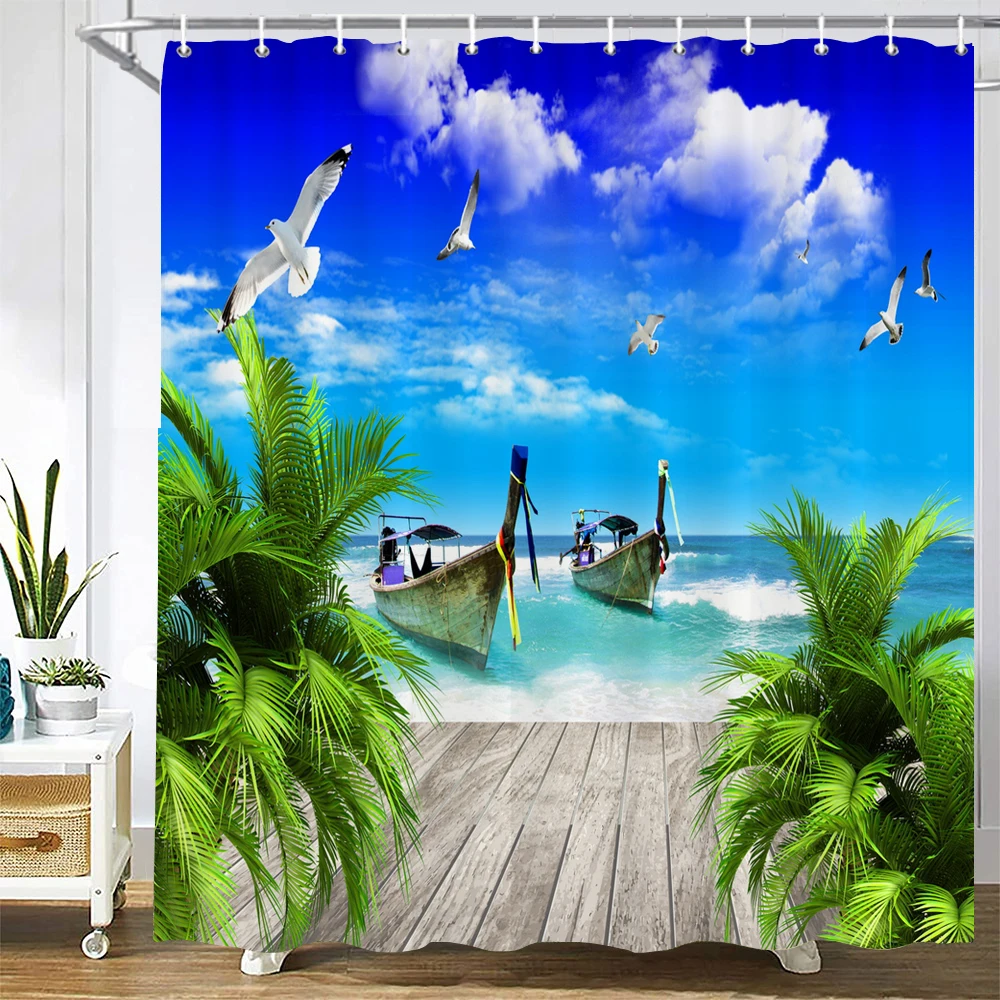 3D Seascape Beach Printed Fabric Shower Curtains Bathroom Curtain Bath Screen Waterproof Products Home Decor with Hooks