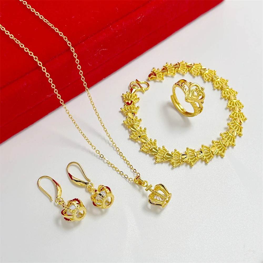 Wedding Jewelry Sets for Women Gold Color Crown Pendant Necklace Bracelet Earrings Ring 4pcs Set Trendy Accessories Gifts