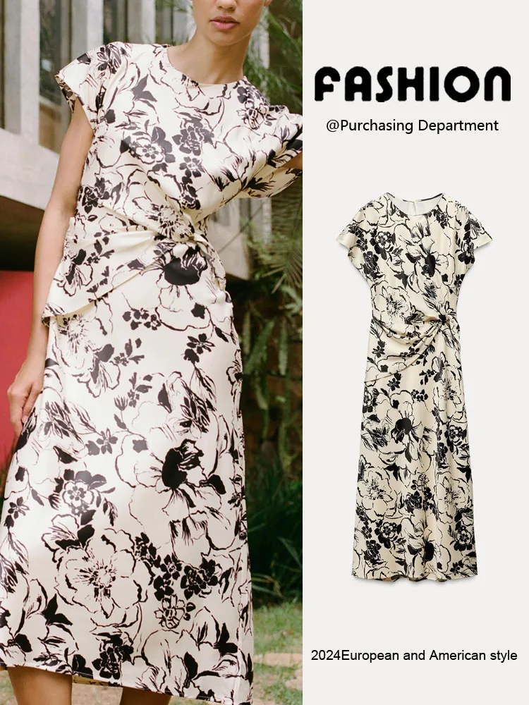 Vestido midi f de seda acetinada com estampa, gola redonda, manga curta, estilo casual para o dia a dia, com cintura m...