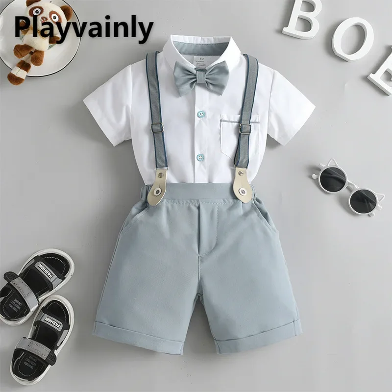 

Summer Little Boy Birthday/Performance Gentleman's Sets Short Sleeve Shirts and Adjustable Straps Shorts Children Clothes A8282