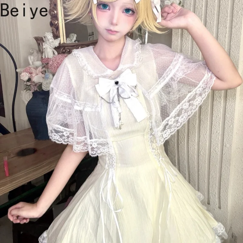 Japanese Style Fashion Lace Cape Short Sleeve Dress New Summer Women's Dresses Knee Length Casual Elegant Dress Femme