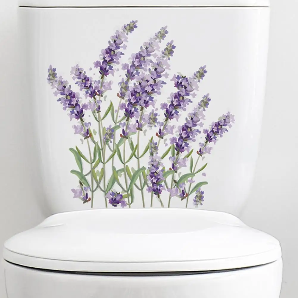 Waterproof Toilet Sticker Purple Flower Toilet Lid Decoration Decal Removable Waterproof Pvc Wall Art for Room Bathroom Lavender