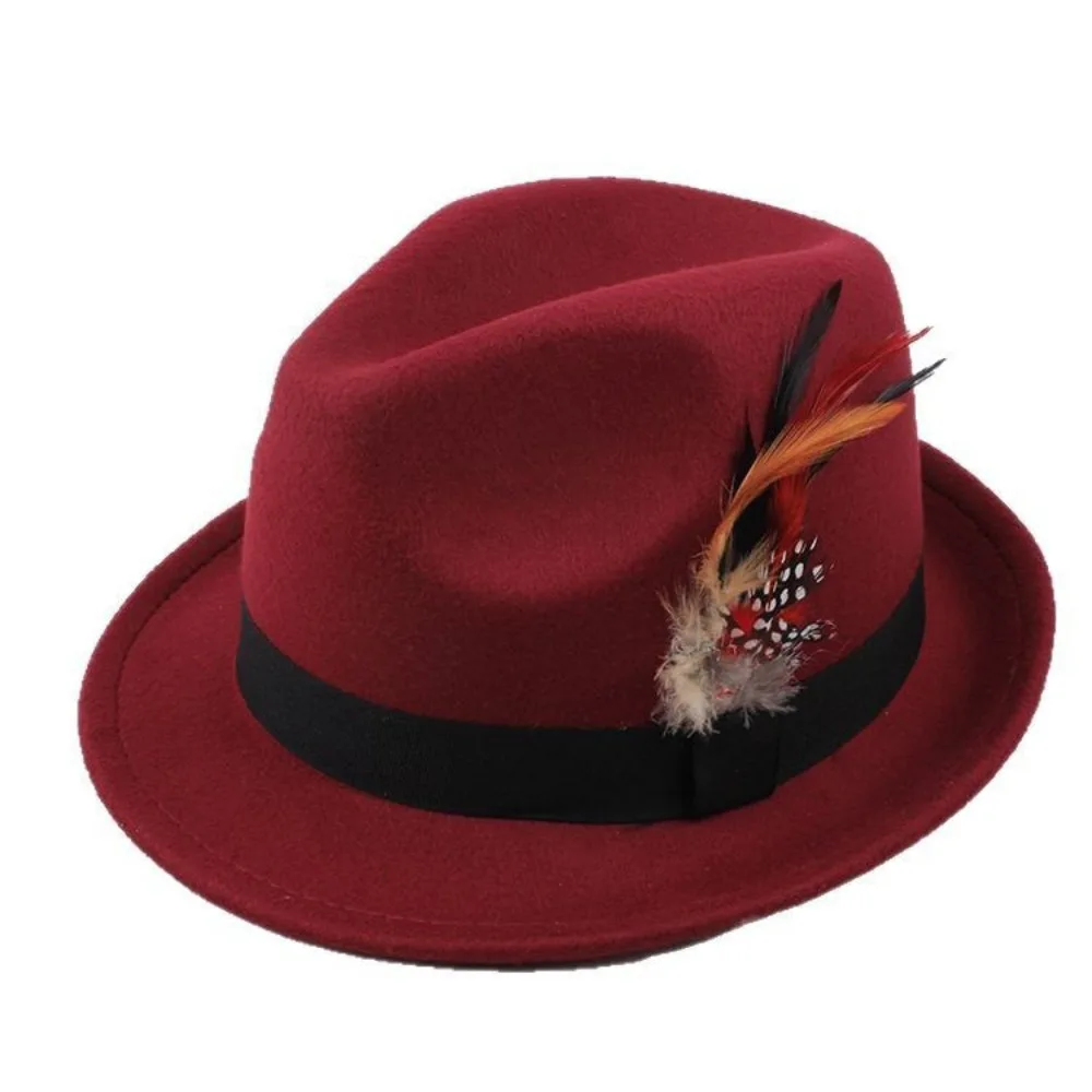 Fashion Dress Up Feather Decors Fedora Hat Panama Jazz Bucket Hat Woolen Vintage Jazz Hat Party Photo Props