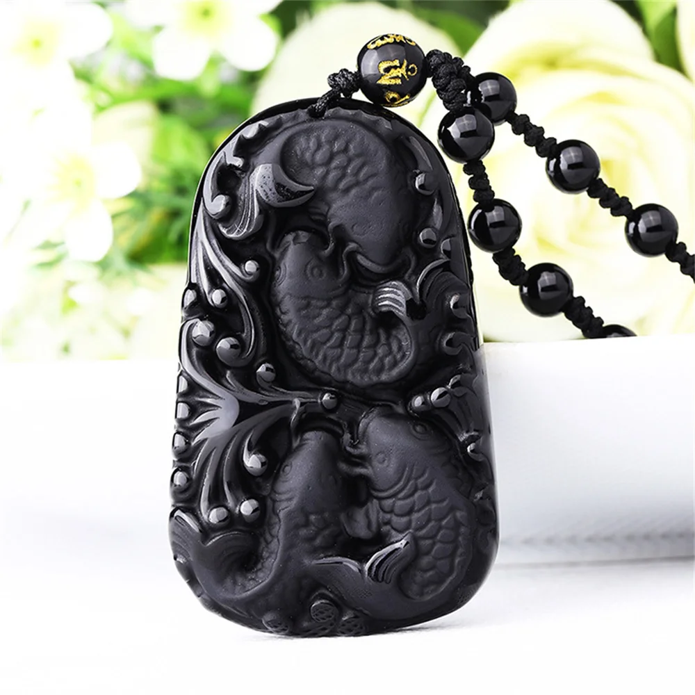 Natural Black Obsidian Carved Chinese Handwork Four Fish Lucky Blessing Pendant Amulet Necklace Charm Woman Man's Gift Jewelry