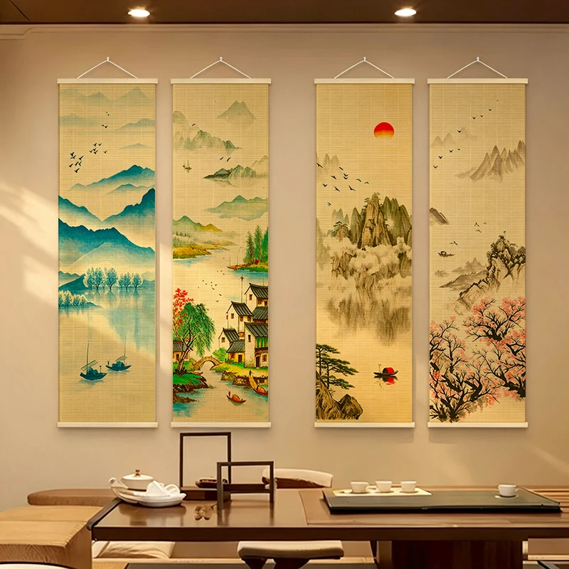 Japanese Karesansui Landscape Crane Bamboo Scroll Tapestry Wall Hanging - Zen Garden House Decoration for Living Room & Tea Room