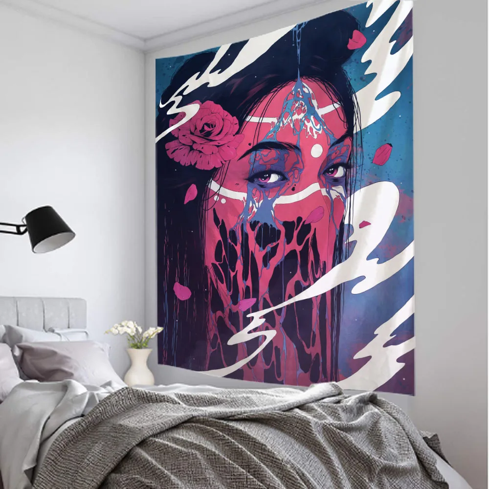 Psychedelic Smoke Cool Girl Art Tapestry Wall Hanging Hippie Wall Blanket Kawaii Room Decor Boho Home Dorm Decor Yoga Mat Sheets