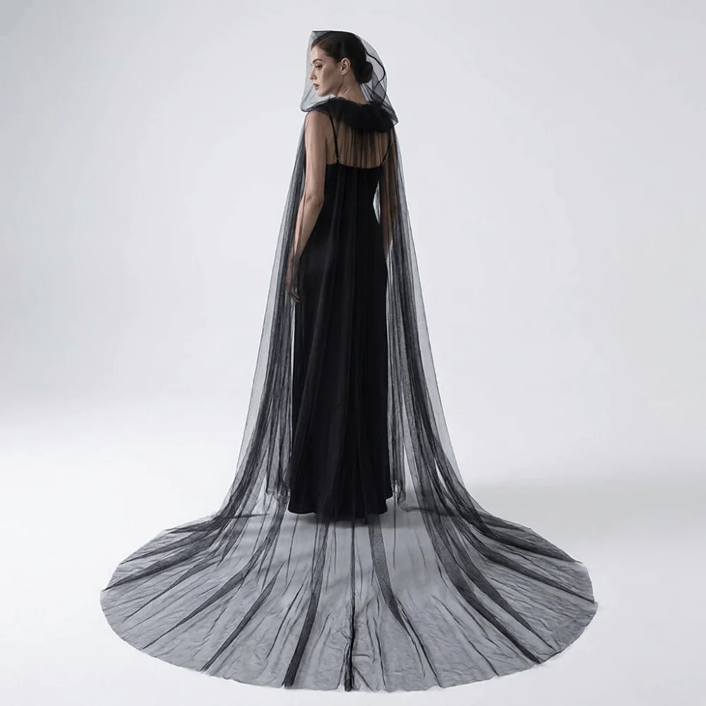 Gothic Solid Color Halloween Hooded Tulle Cape Floor Length Long Mesh Cloak Polyester Sheer Cosplay Bridal Costume Photoshoot