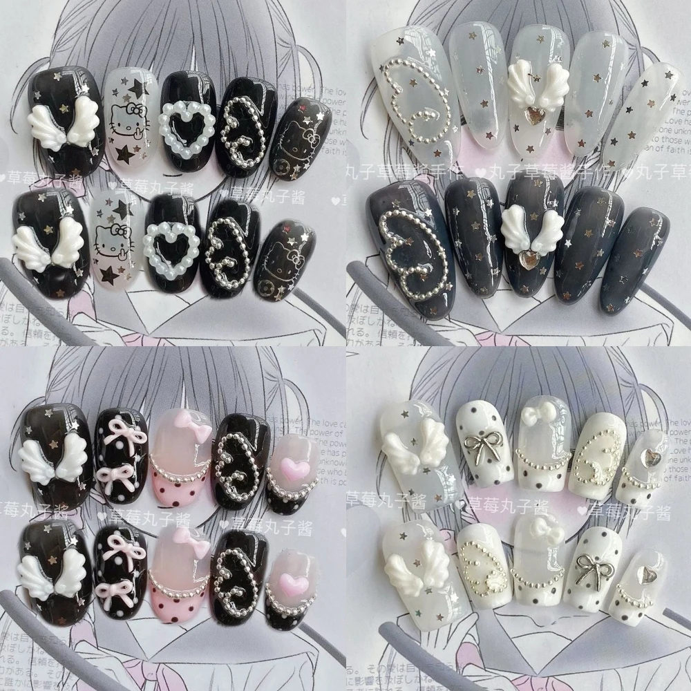 

10Pcs Hellokitty Y2Khot Girl Handmade Press On Nail Art Cartoonsticker Pearl Wings Lovingheart Bowknot Short Square Holiday Gift