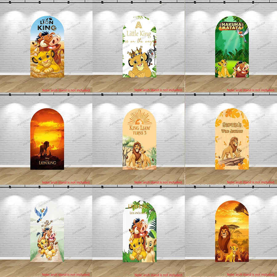 Funda elástica de spandex para arco de Baby Shower de El Rey León, con diseño de Timon, Pumbaa, Rafiki y Simba, para fondo de cumpleaños con animales de la selva y safari