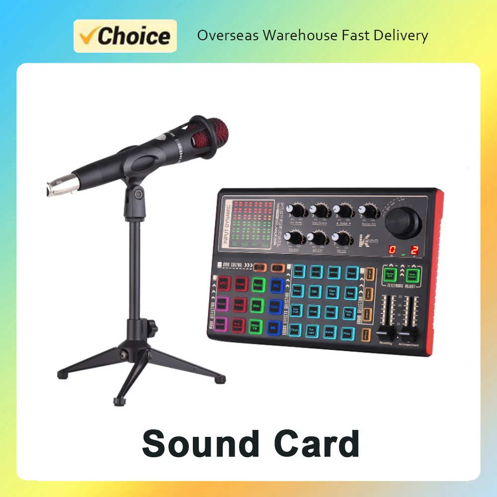 SK300 Live Sound Card External Voice Changer Audio Mixer Kit Multiple Sound Effects with Microphone Mic Stand Earphone