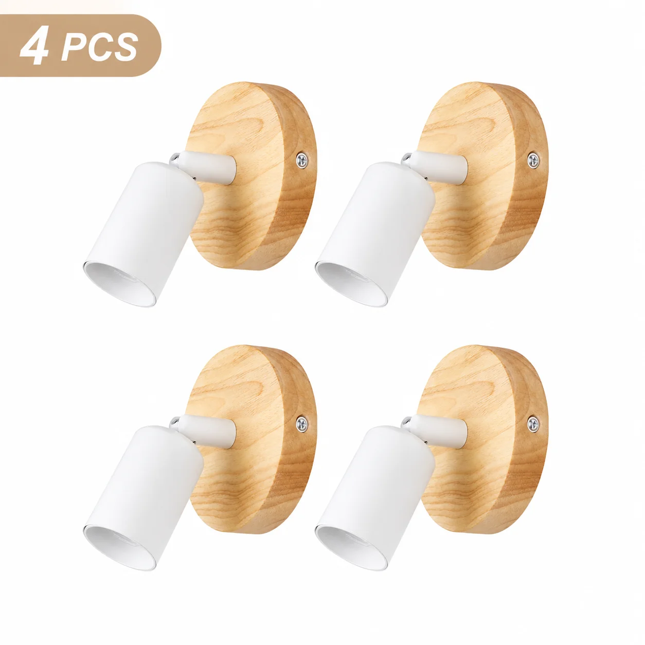 JOYINLED 1/4/10PCS Adjustable Wall Light, White Metal Spotlight with Wood Base, E26/E27 Indoor Sconce, Bulb Not Included