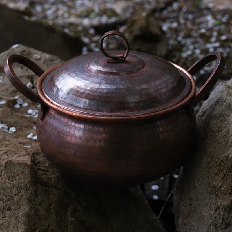 Handmade Red Copper Cooking Pots, Vintage Distressed Stockpot, Non-Stick Soup Cookware, High Quality for Household