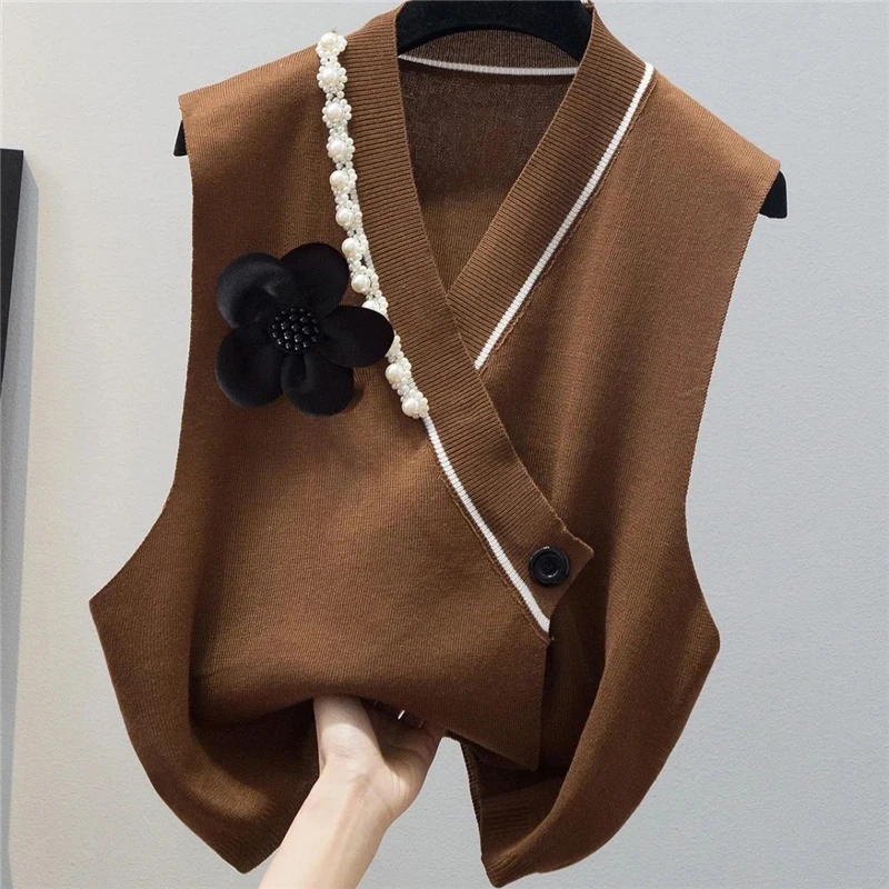 Spring Autumn Fashion V-neck Elegant Chic Beads Sleeveless Knitted Sweater Vest Casual Street Solid Loose Pullovers Top Female