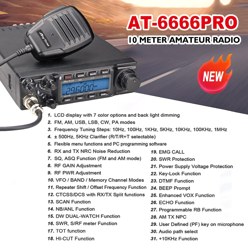 ANYTONE AT-6666 PRO CB Radio AT-6666Pro 28.000-29.700MHz Programmable 80W High Power with FM CW 10 Meter band for truck drivers