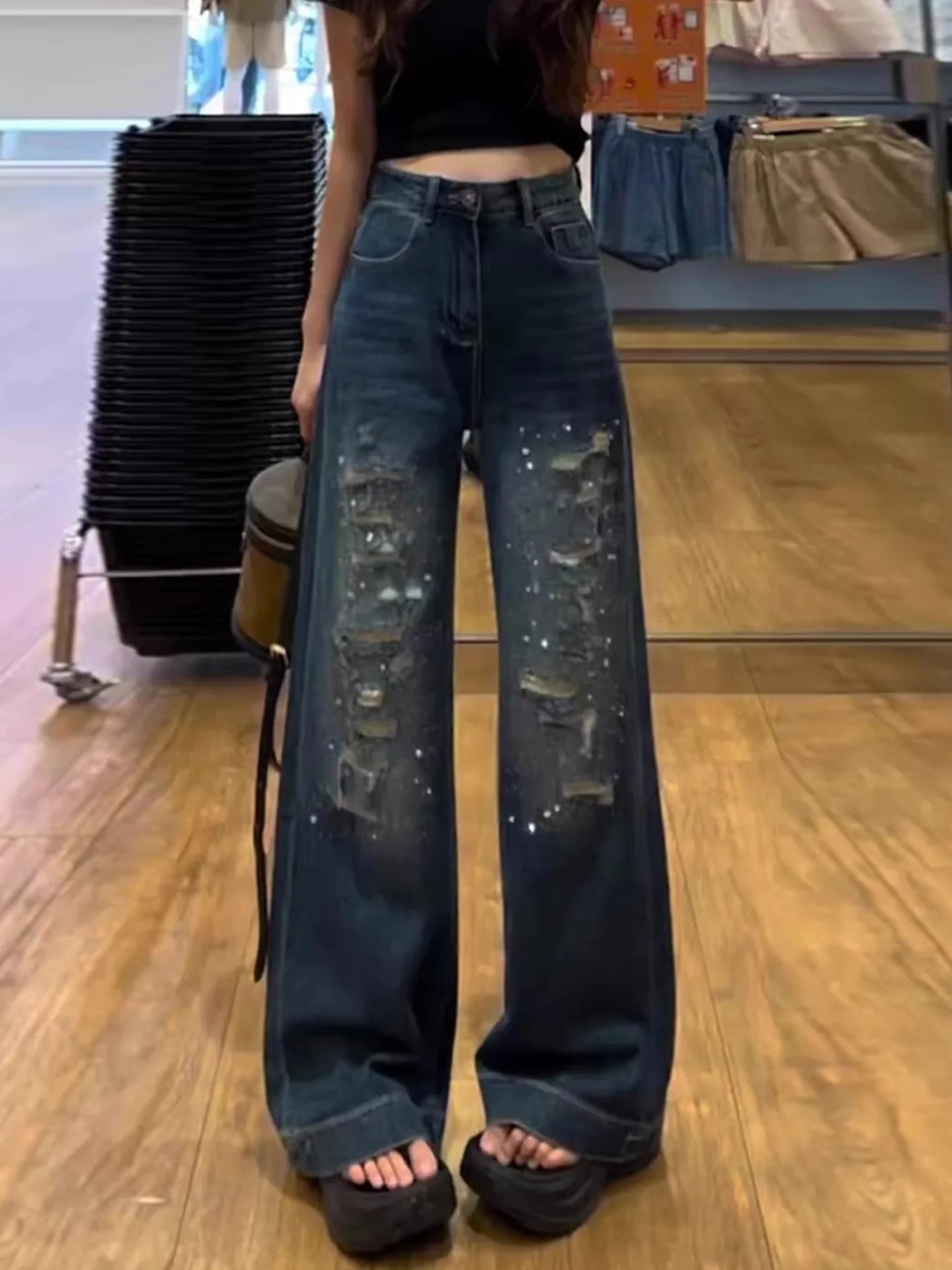 Deep Blue Heavy Duty Rhinestone Hole Denim Jeans Women's Summer New Small Size Slim High Waist Wide Leg Pants