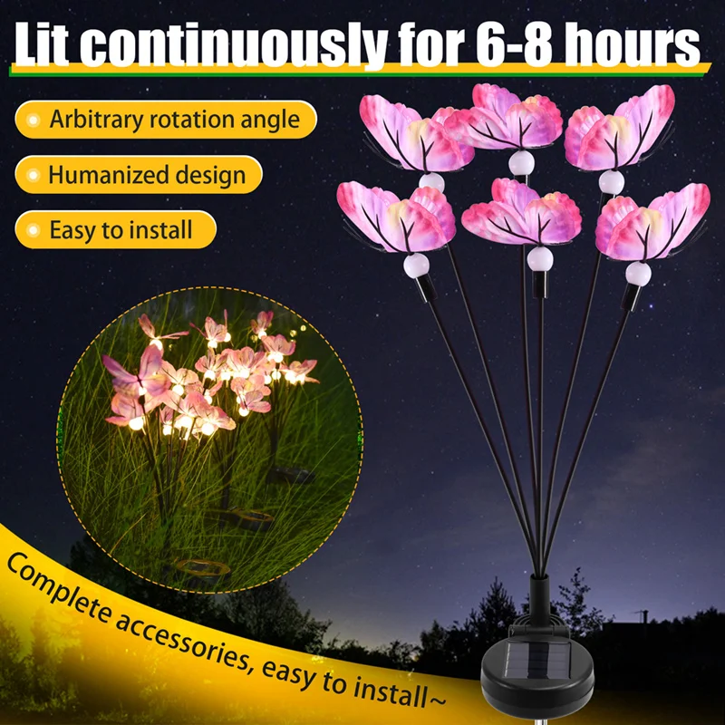 พลังงานแสงอาทิตย์ผีเสื้อหิ่งห้อยไฟกันน้ําไฟสนามหญ้าตกแต่งสวนสวนภูมิทัศน์ไฟ 6-Light