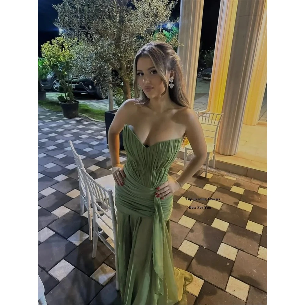 فستان حفلة موسيقية أخضر بدون حمالات شيفون طيات حورية البحر فساتين الحفلات الراقصة بدون ظهر طول الأرض فساتين سهرة 2025 مخصصة #2